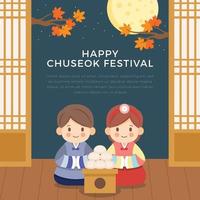 paar dat traditionele chuseokbim-kleding draagt en midden in de herfst viert vector
