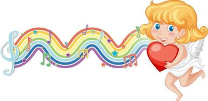 cupido-meisje met hart met melodiesymbolen op regenbooggolf vector