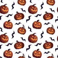 halloween eng pompoenen met vleermuizen naadloos patroon. geïsoleerd Aan wit achtergrond. gelukkig halloween groet kaart en truc of traktatie partij ontwerp. vector