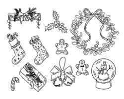tekening hand- getrokken verzameling van Kerstmis decoratie. schetsen schets ontwerp voor Kerstmis voor kleur Pagina's, stickers, patroon. zwart sokken, lauwerkrans, rinkelen klok, maretak Aan wit achtergrond vector