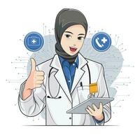 een vrouw dokter in een hijab signalen OK gebruik makend van een futuristische digitaal medisch koppel. vector illustratie pro downloaden