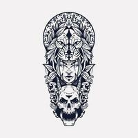 leeuw vrouw tatoeëren ontwerp met schedel ornament, leeuw vrouw wijnoogst logo illustratie. vector