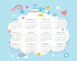 2024 kalender - illustratie. sjabloon. bespotten omhoog week begint Aan zondag. kinderen thema kalender, schattig, bezig en kleurrijk vector