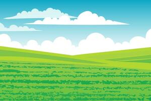 groen veld- met blauw lucht en wolken. vector illustratie.