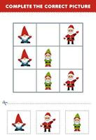 onderwijs spel voor kinderen compleet de correct afbeelding van een schattig tekenfilm dwerg en de kerstman afdrukbare winter werkblad vector