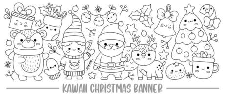 Kerstmis zwart en wit horizontaal banier met kawaii tekens voor kinderen. vector de kerstman claus staand met hert, elf, boom. schattig nieuw jaar lijn illustratie. grappig winter vakantie kleur bladzijde