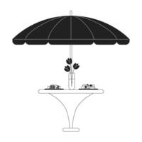 paraplu patio dining tafel avondeten geserveerd zwart en wit 2d tekenfilm voorwerp. buitenshuis restaurant meubilair geïsoleerd vector schets item. parasol tafel met maaltijd monochromatisch vlak plek illustratie