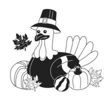 dankzegging pelgrim kalkoen in pompoenen vallen zwart en wit 2d tekenfilm karakter. vervelend hoed kapitein gevogelte kip geïsoleerd vector schets dier. oogst herfst monochromatisch vlak plek illustratie