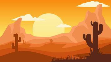 woestijn landschap vector illustratie in zonsondergang. butte woestijn landschap met cactus, nok en stenen. Amerikaans woestijn landschap voor achtergrond, behang of landen bladzijde. wild west land- illustratie