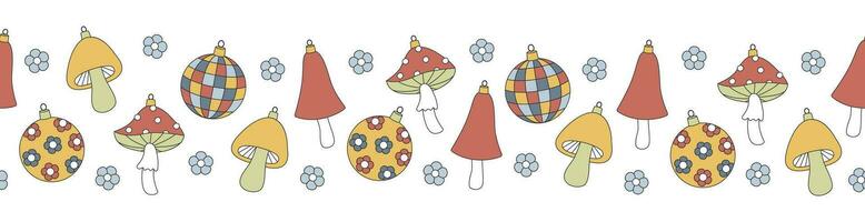 groovy Kerstmis naadloos grens. bal, disco bal, paddestoel in modieus retro tekenfilm stijl. achtergrond voor winter feestelijk ontwerp. vector