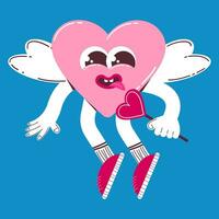 schattig hart karakter met lolly en engel Vleugels in retro tekenfilm stijl. trendy, kleurrijk, Valentijnsdag dag hart mascotte vector illustratie.