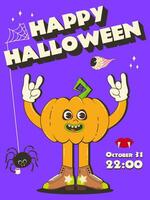 poster, halloween uitnodiging. modieus retro groovy stijl, vrolijk jaren 70-80 pompoen karakter. gelukkig halloween. grappig vector folder, ansichtkaarten.