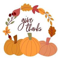 Thanksgiving krans met herfstbladeren, pompoenen, tekst bedankt. vector