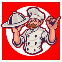 chef-kok mascotte logo stripfiguur. een grappige cartoon met een zilveren schotel en een perfect goed, heerlijk kookgebaar. gelukkig professionele chef-kok thema. vector logo illustratie.
