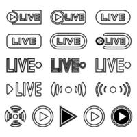 live-uitzending pictogrammen instellen. zwarte symbolen en knoppen voor live uitzending, uitzending, online uitzending, tv, shows, films en live optredens vector