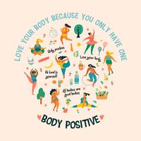 Lichaam positief. Happy plus size meisjes en een actieve gezonde levensstijl. vector