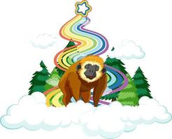 een gibbon op de wolk met regenboog op witte achtergrond vector