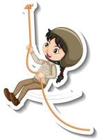 meisje in safari-outfit hangend aan touw stripfiguur sticker vector