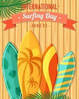 internationale surfdag lettertype met surfplanken op houten achtergrond vector