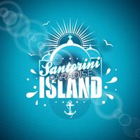 Santorini Paradise Island-illustratie met typografisch ontwerp op blauwe achtergrond. vector