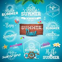 Zomer typografie illustratie set met tekens en symbolen op blauwe achtergrond vector