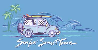 hand- getrokken vector illustratie van surfer auto in kust- landschap. kunst in tekenfilm stijl met gemakkelijk lijnen.