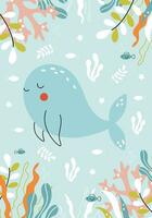 schattig baby walvis zwemmen onderwater. zee dieren, zeewier. zomer vector illustratie getrokken in tekening stijl