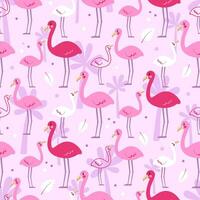 schattig zomer patroon met grappig tekenfilm flamingo's Aan een roze achtergrond. naadloos vector afdrukken met tropisch vogels, palmen en bladeren voor baby meisjesachtig textiel, achtergronden, verpakking ontwerp