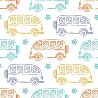schattig naadloos baby vector patroon met kleurrijk autobus getrokken in schetsen stijl. grappig illustratie voor kinderen textiel met herhaald ornament van stad vervoer Aan wit achtergrond