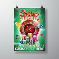 Vector partij flyer ontwerp op een casino-thema met chips en roulettewiel