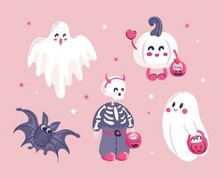 halloween set. schattig tekenfilm tekens in roze kleuren. baby skelet, pompoen, geesten bedelen voor snoepgoed. voor stickers, affiches, ansichtkaarten, ontwerp elementen vector