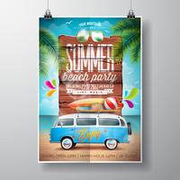 Summer Beach Party Flyer Design met reisbus en surfplank vector