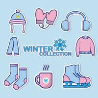 winter elementen sticker reeks verzameling vector illustratie. vlak tekenfilm stijl ontwerp. winter kleren en essentials concept