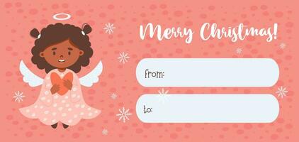 Kerstmis geschenk kaart label. weinig tekenfilm etnisch zwart engel meisje met hart. Kerstmis horizontaal ansichtkaart. vector illustratie. schattig nieuw jaar kinderen verzameling.