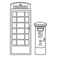 Londen post- straat postbus en telefoon kraam, zwart schets, tekening stijl, geïsoleerd vector illustratie