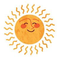 zon karakter in schattig stijl, gezicht met een sticker. zonneschijn met een glimlach voor kinderen, doodled in een gelukkig en pret manier. vlak vector illustraties geïsoleerd in achtergrond.