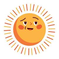 zon karakter in schattig stijl, gezicht met een sticker. zonneschijn met een glimlach voor kinderen, doodled in een gelukkig en pret manier. vlak vector illustraties geïsoleerd in achtergrond.