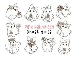 reeks van schattig roze halloween geest meisje met bloemen schets tekenfilm tekening illustratie. vector