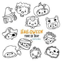 schattig spookachtig halloween kind gezicht in kostuum tekening schets verzameling. vector