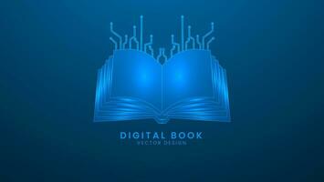 digitaal boek met stroomkring bord. kunstmatig intelligentie- en machine technologie concept. vector illustratie met licht effect en neon
