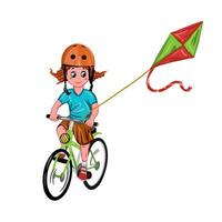 een meisje in een helm Aan een fiets met een vlieger. vector illustratie Aan een kinderen thema. ontwerp element voor groet kaarten, uitnodigingen, affiches, spandoeken, boek illustraties.