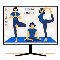 yoga-online. meisjescoach houdt een les online. Scherm. sport- vector