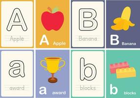 vlak ontwerp vector schattig kleurrijk abc alfabet flashcards afdrukbare voor kinderen eerste woorden werkzaamheid