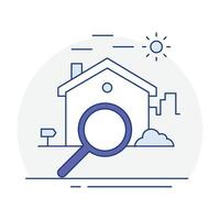 huis jacht- lens, thuis inspectie, echt landgoed zoeken, residentieel verkenning, huis ontdekking icoon, huisvesting markt zoeken, buurt scannen. vector