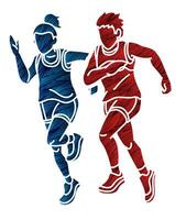 jongen en meisje rennen samen tekenfilm sport grafisch vector