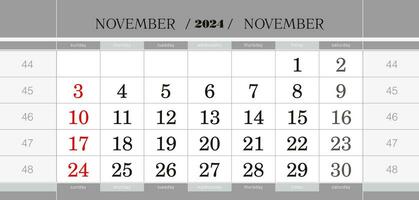 november 2024 per kwartaal kalender blok. muur kalender in engels, week begint van zondag. vector