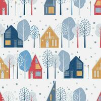 winter naadloos patroon in Scandinavisch stijl. dorp, huizen, bomen, sneeuwvlokken. vector