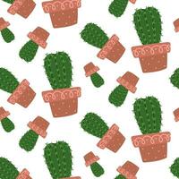 schattig naadloos cactus patroon met fabriek pot Aan wit achtergrond. vector beeld van een langwerpig, stekelig kamerplant verspreide gedraaid in verschillend routebeschrijving groen cactus voor het drukken Aan textiel, papier
