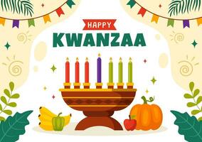 gelukkig kwanzaa vector illustratie met mazao, Zawadi, mkeka, kinara, geschenken, beker, kaarsen in traditioneel vakantie Afrikaanse symbool vlak tekenfilm achtergrond