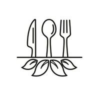 lepel, vork, mes lijn. Koken logo, restaurant logo. vegetarisch. milieu vriendelijkheid vector